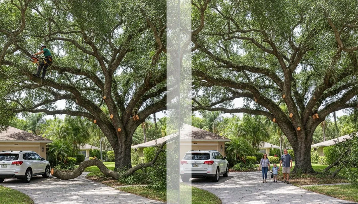 Arborist raising tree canopy for improved clearance and safety in Cape Coral, FL driveway trimming scene