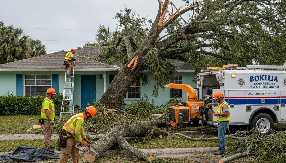 Emergency tree removal crew clearing storm-damaged trees in Bokeelia, FL near Cape Coral homes