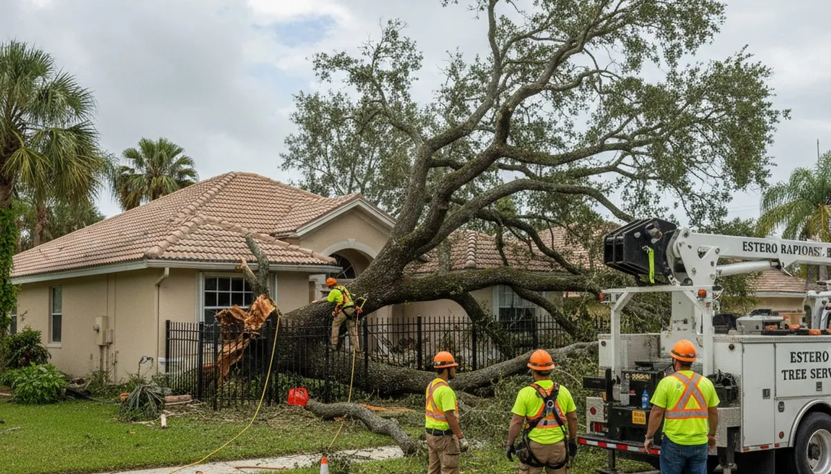 Emergency tree removal crew clearing storm-damaged trees in Estero near Cape Coral, FL homes