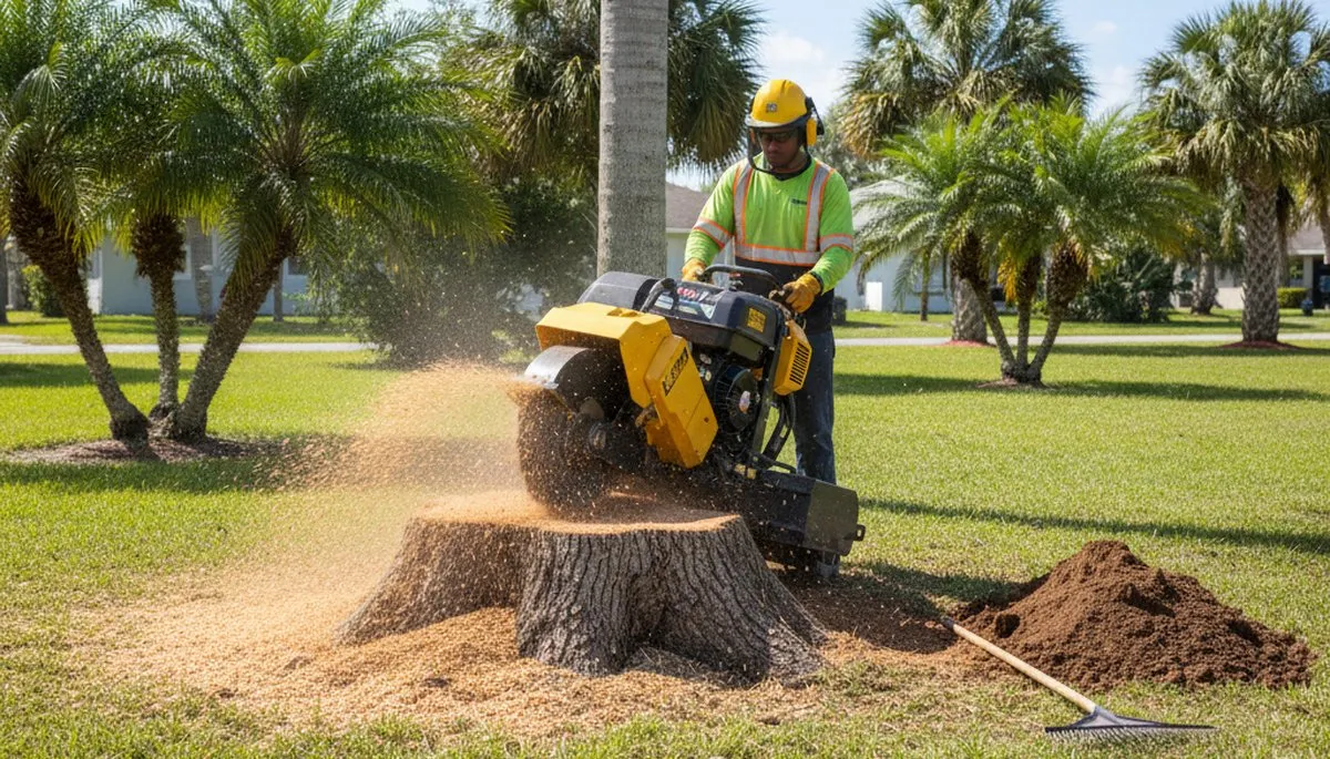 Stump grinding service removing tree stump in North Fort Myers, FL by Cape Coral tree removal professionals