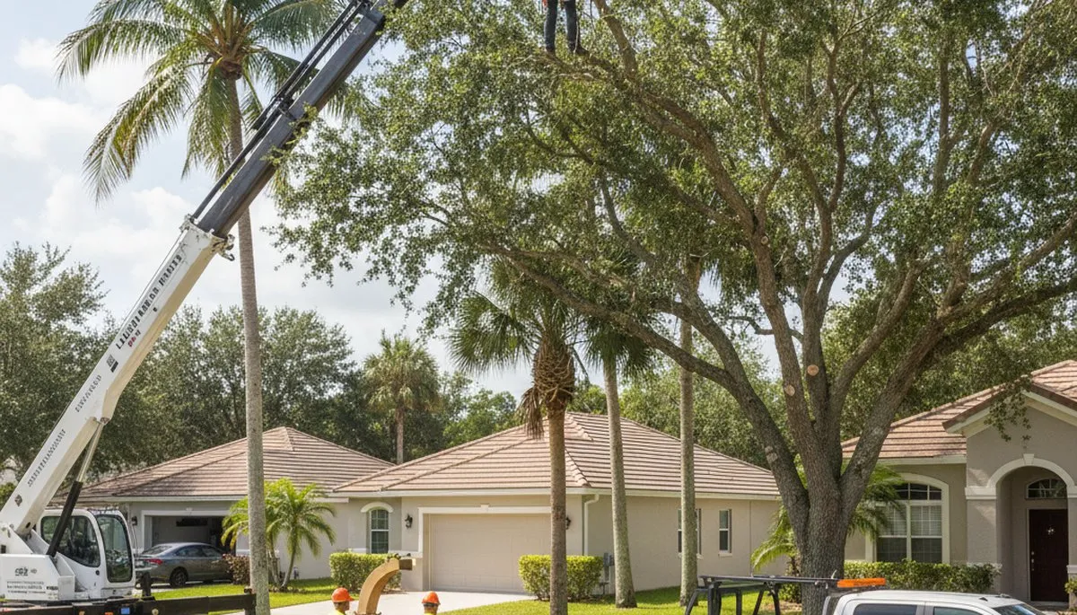 Professional tree removal service in Cape Coral FL safely cutting and hauling large oak tree
